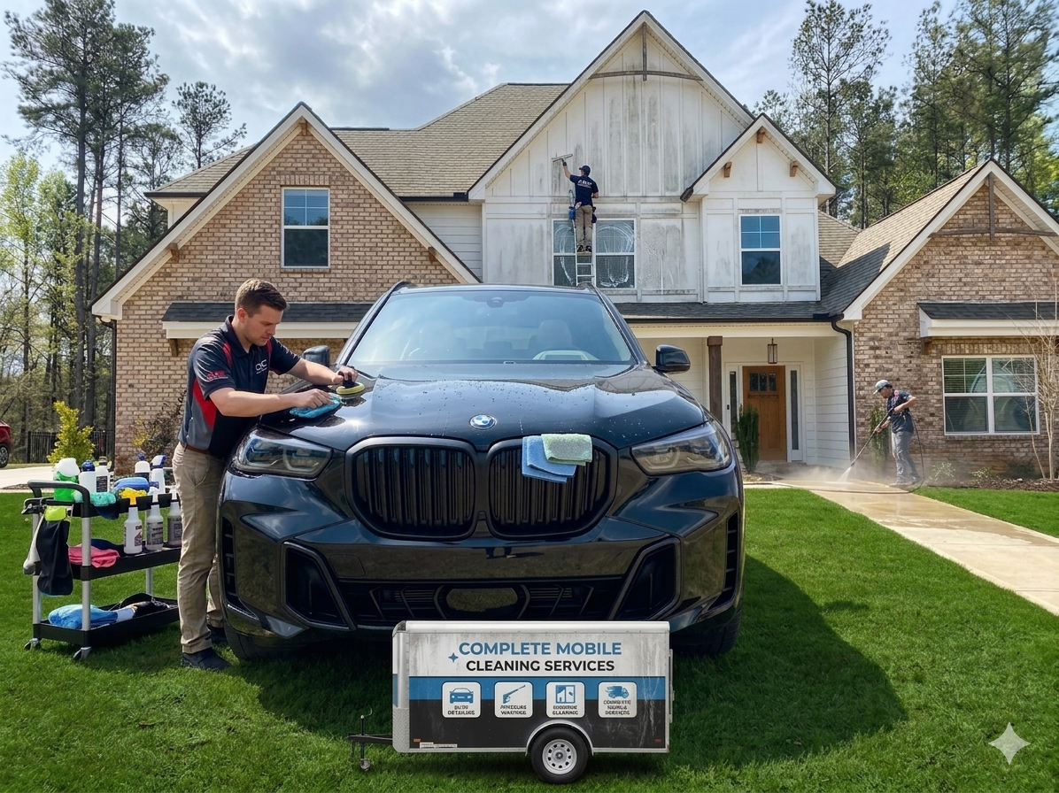 Mobile car detailing cleaning black BMW SUV
